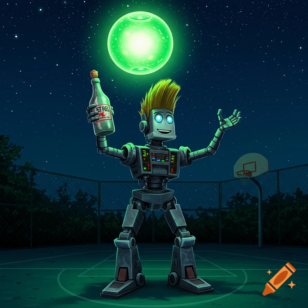 A cartoon robot resembling Johnny Five holds a bottle of jet fuel under a glowing green orb and starry sky on a basketball court at night.