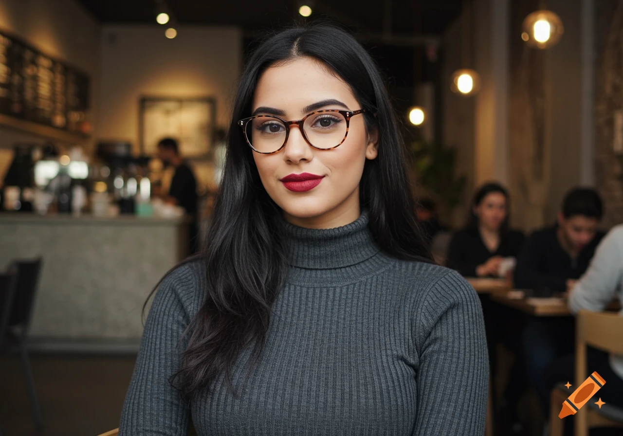 A beautiful woman with long dark hair and red lipstick wears a gray turtleneck and glasses, sitting in a cafe.