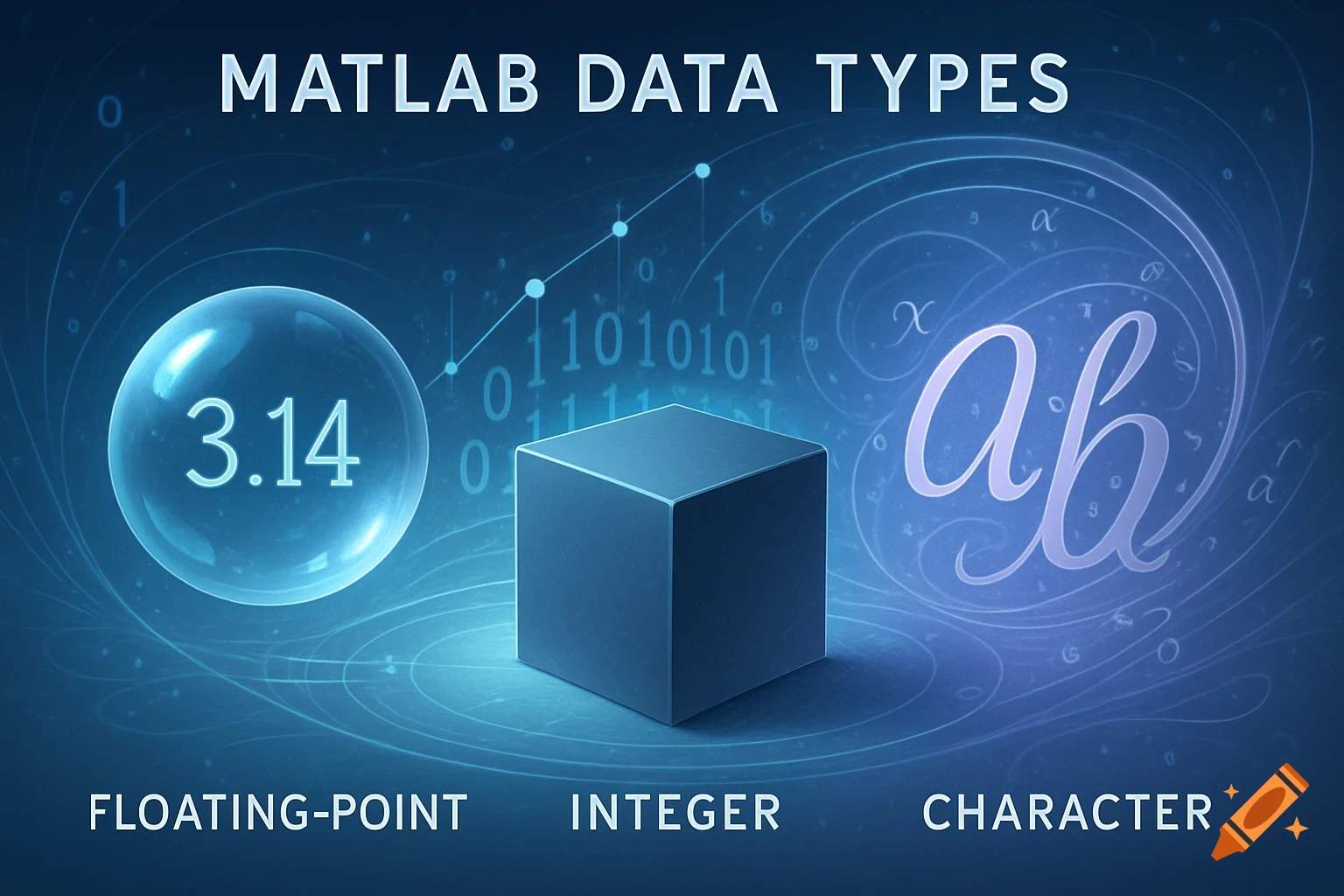 Abstract illustration of MATLAB data types: floating-point (3.14), integer (binary code), and character ('ab').