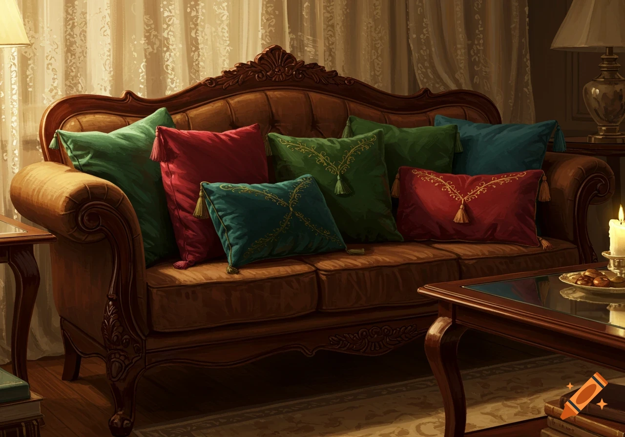An ornate brown sofa with red, green, and teal cushions in a dimly lit, traditional living room with a lamp and candle.