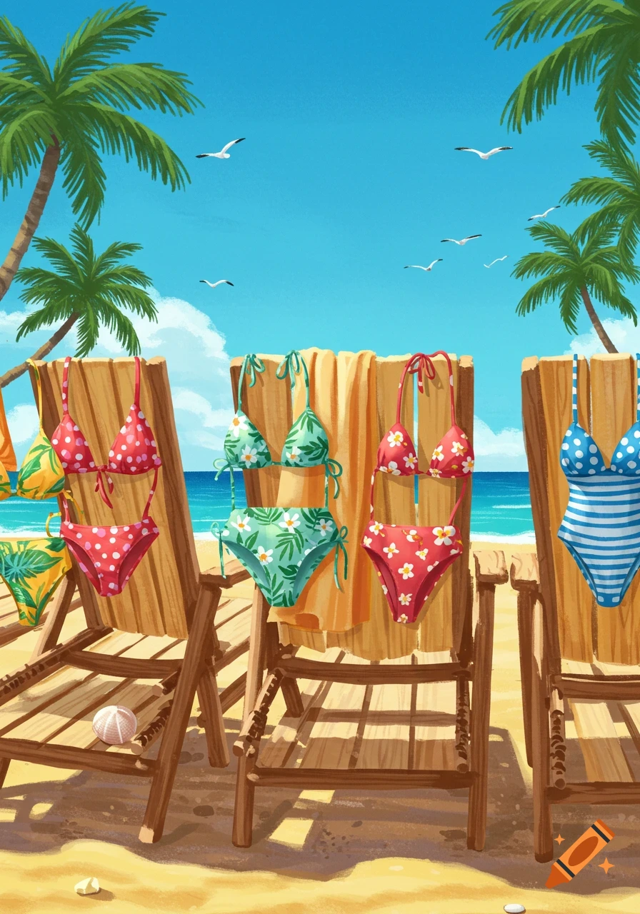 Colorful swimsuits hang on wooden beach chairs on a sunny sandy beach with palm trees and ocean in the background, illustrated style.