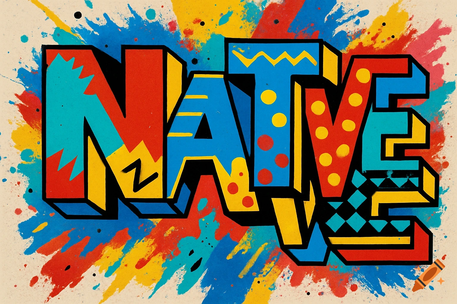 Bold, colorful, stylized letters spelling 'NATIVE' with patterns, against a vibrant paint splatter background.