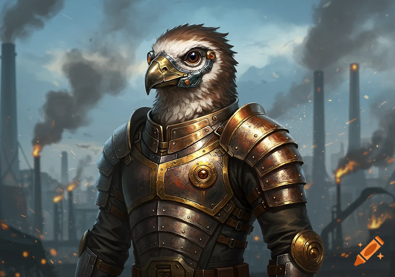 An anthropomorphic bird in intricate dieselpunk armor stands before a smoky industrial factory. Art illustration.