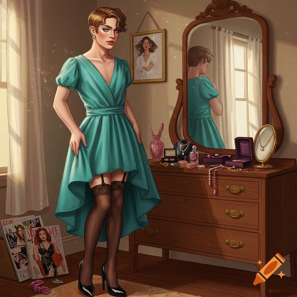 An illustration of a person wearing a teal dress, stockings, and high heels in a room with a mirror and magazines.