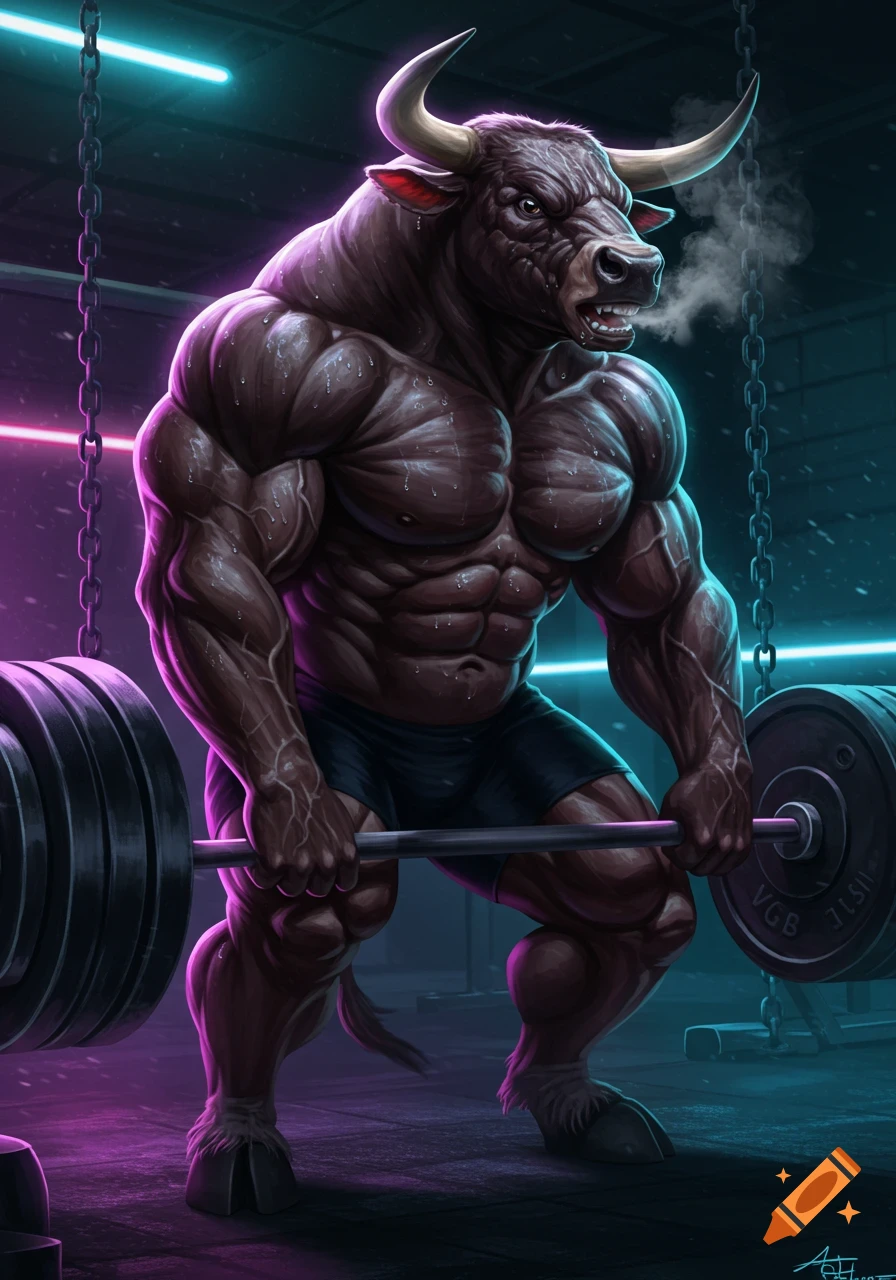 A muscular, sweating anthropomorphic bull in black shorts intensely lifts a barbell in a dark gym with neon lights.