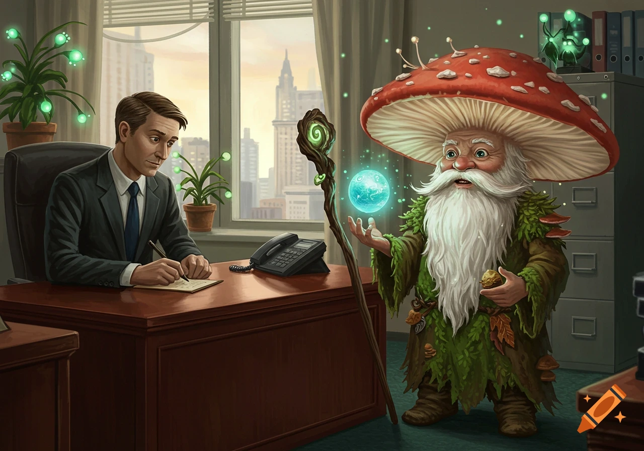 A mushroom wizard with a glowing orb meets a confused businessman taking notes in a corporate office with a city view, digital painting.