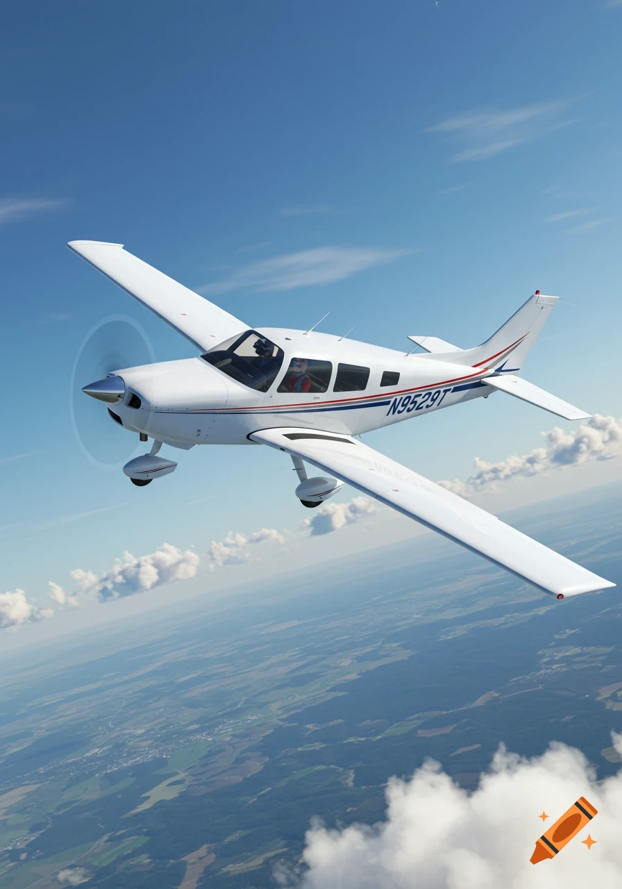 A white Cessna 210 airplane with red and blue stripes and tail number N9529T flies high in a clear blue sky above a patchwork of green land and clouds.
