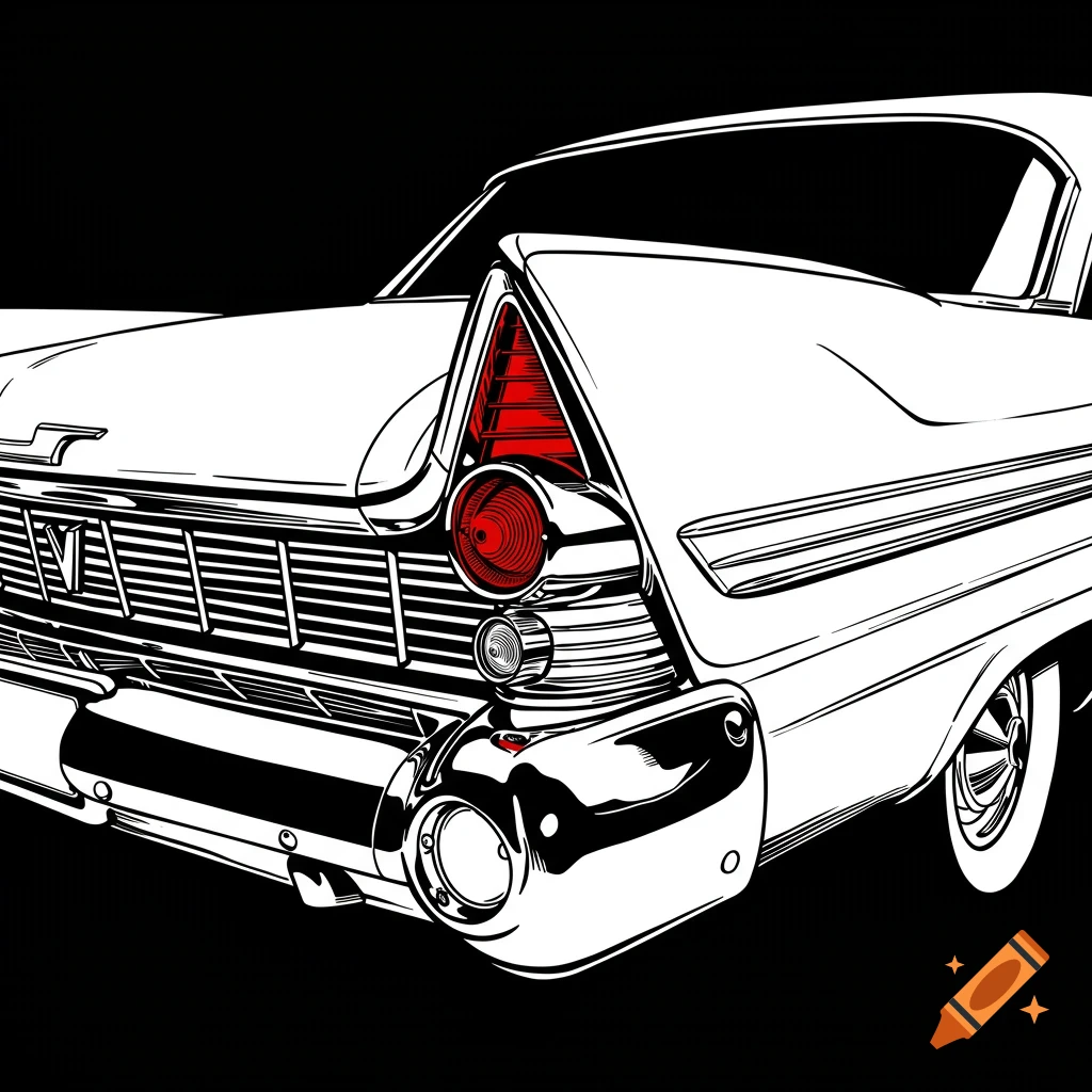 Black and white line art illustration of the rear driver's side of a vintage 1957 Plymouth Fury car with a red taillight.