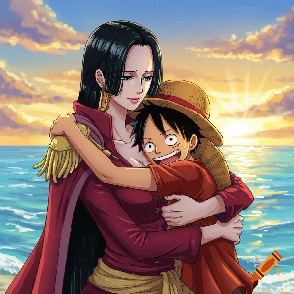 Anime characters Boa Hancock and Monkey D. Luffy embrace on a beach during a vibrant sunset.