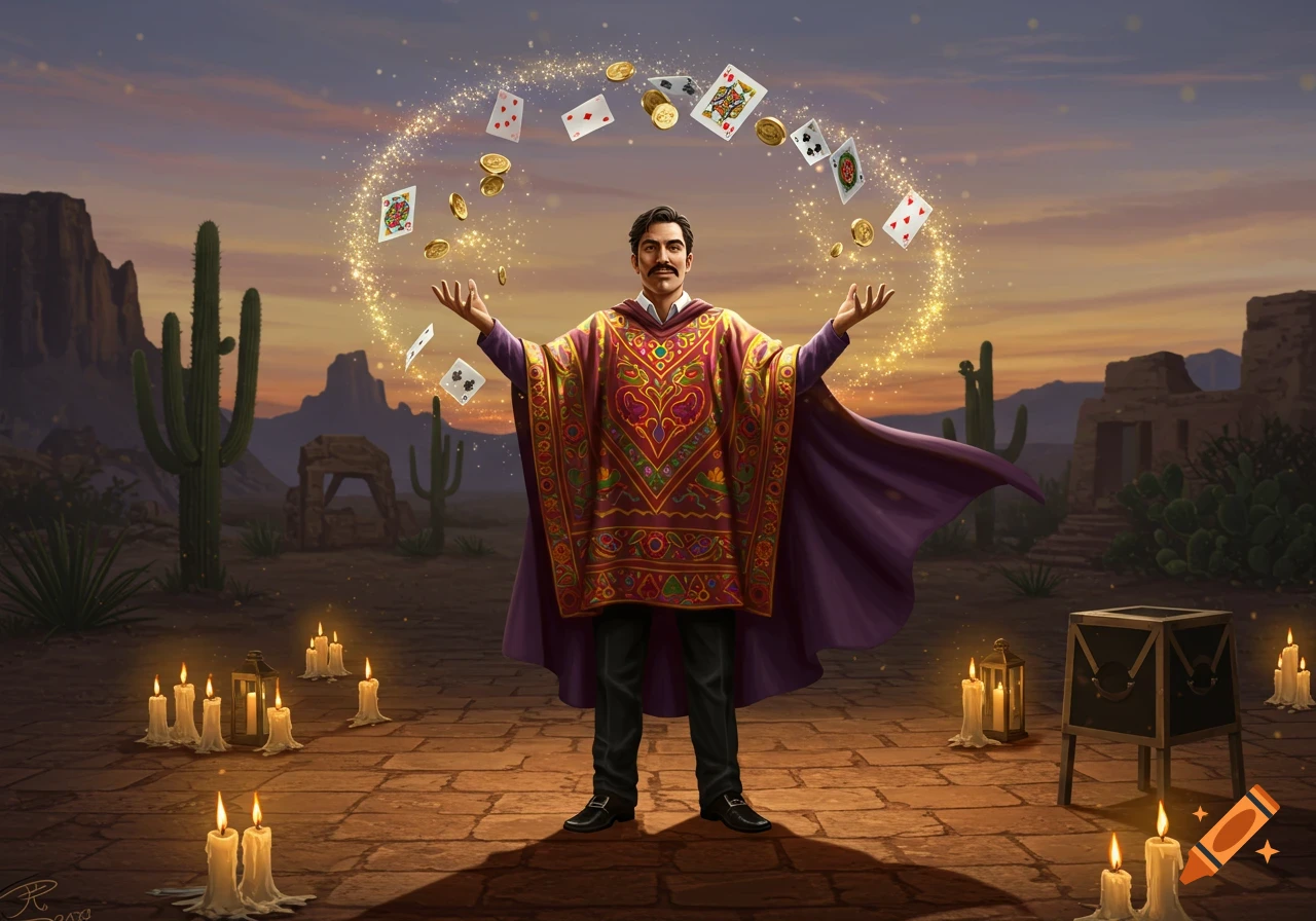 A magician in a patterned poncho and purple cape levitates playing cards and gold coins with sparkling magic in a desert scene at dusk. Candles and ancient ruins surround him.
