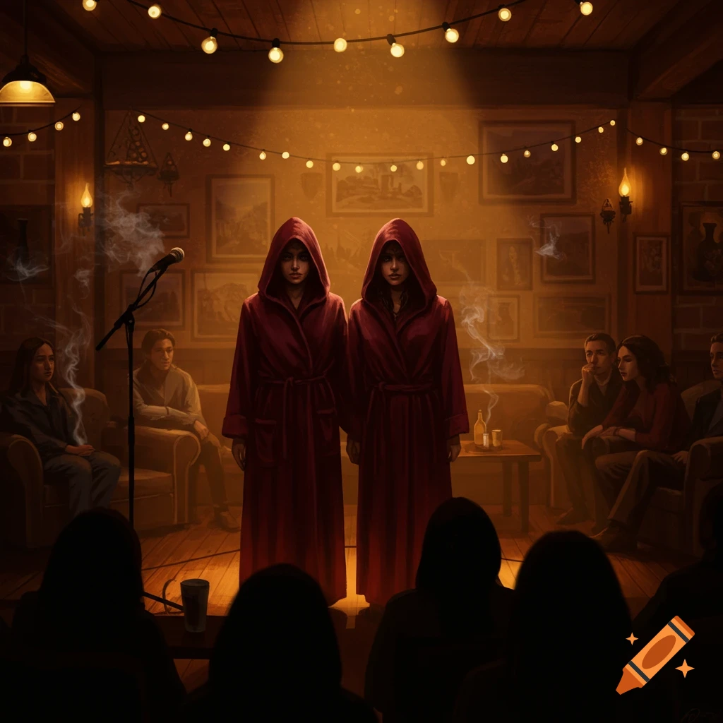 Two women in dark red hooded robes stand on a dimly lit stage with a microphone, performing for an audience at an open mic night.