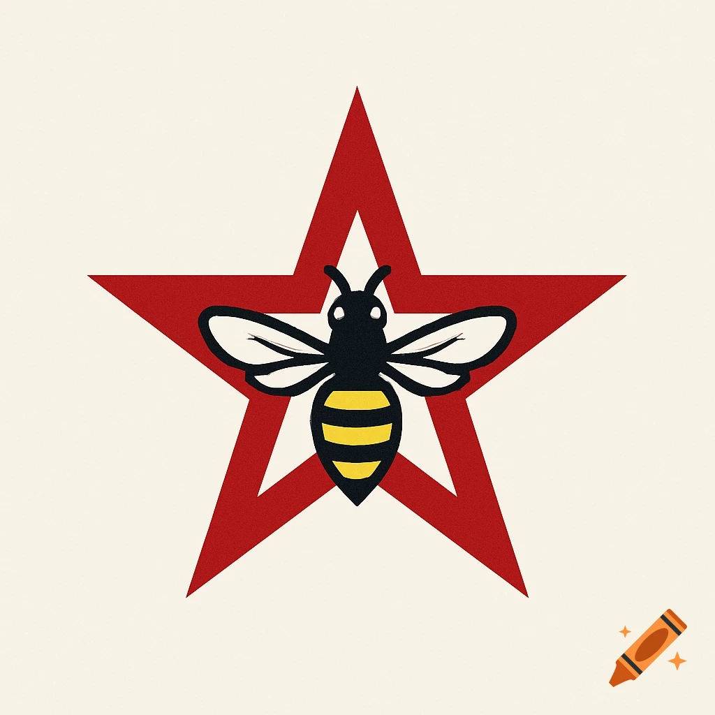 A minimalist logo featuring a black and yellow striped bee centered on a red five-pointed star against a cream background.