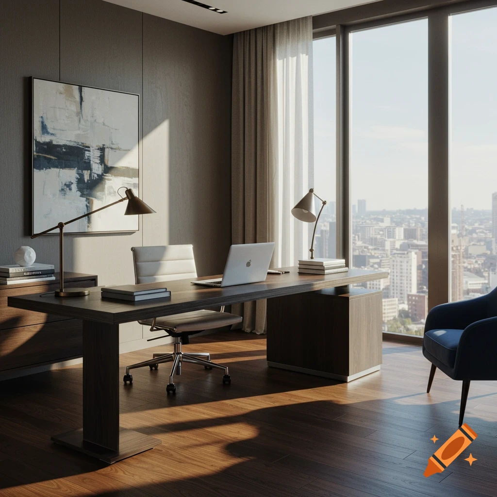 Photorealistic modern office with a large desk, laptop, and city skyline view from a tall window.