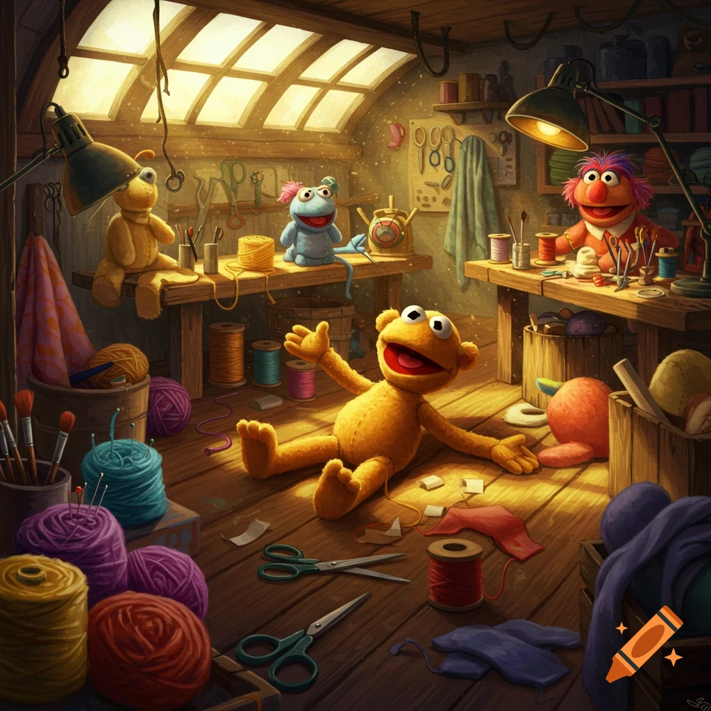Muppet-like puppet characters in a cozy, sunlit crafting workshop surrounded by yarn, tools, and sewing supplies.