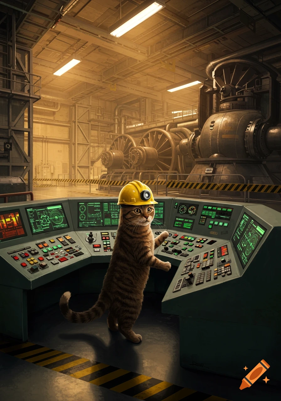 A brown tabby cat wearing a yellow hard hat stands at a large control panel in an industrial power plant, operating machinery.
