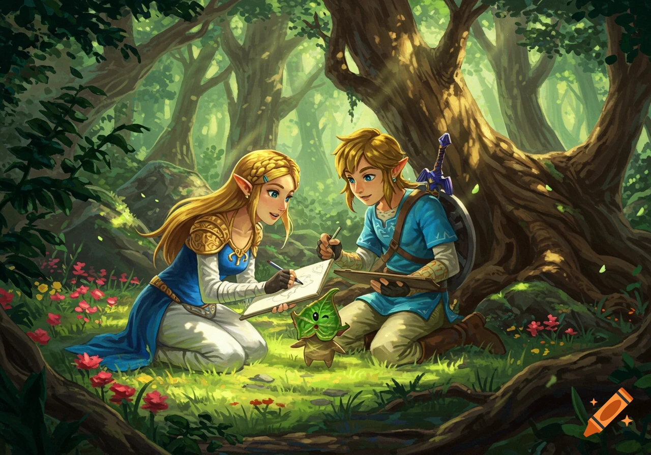 Zelda and Link drawing a Korok in a lush, sun-dappled fantasy forest, digital illustration.