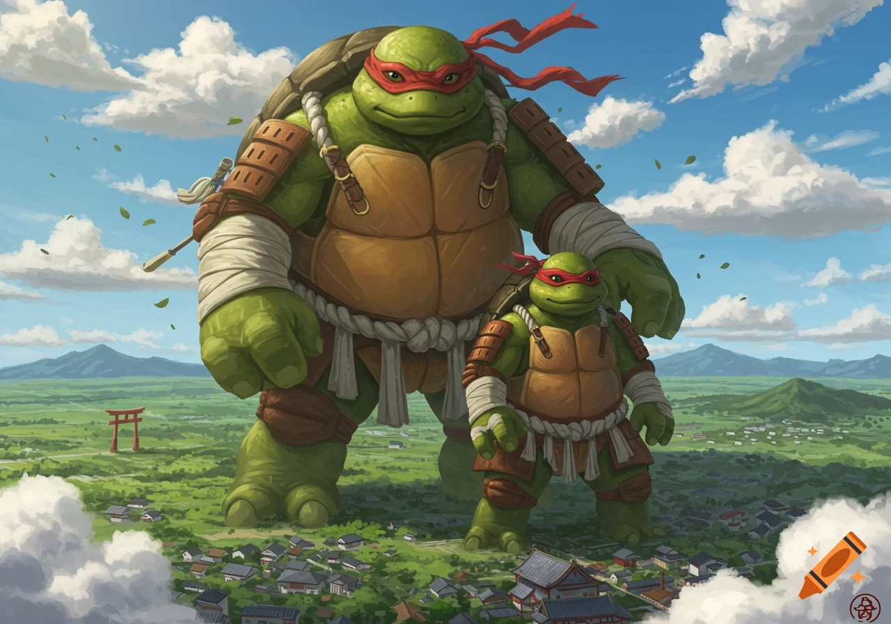 Two giant Raphael-like turtles in samurai attire overlook a Japanese village and landscape under a cloudy sky, one much larger than the other.