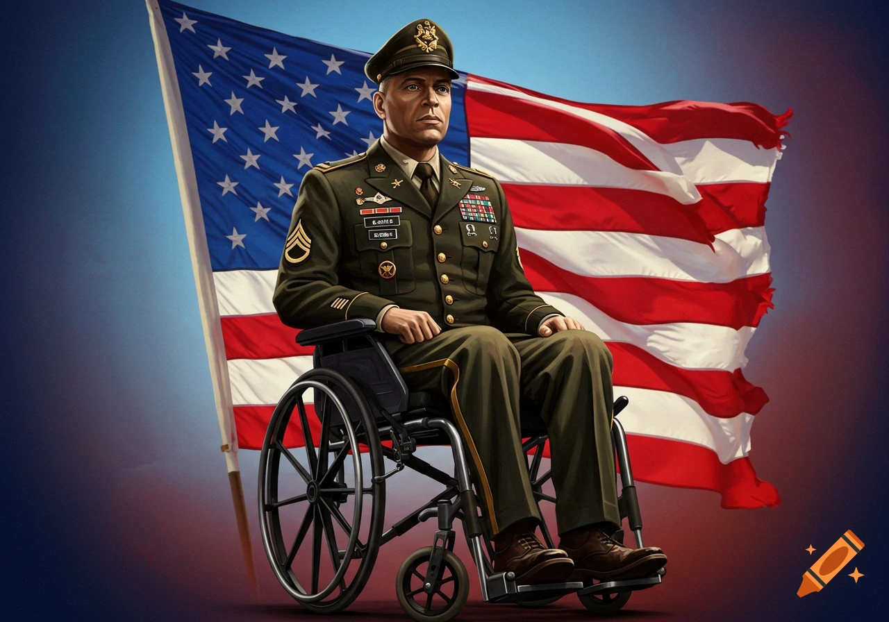 A disabled male soldier in a green army uniform sits in a wheelchair in front of a large American flag. Photorealistic style.