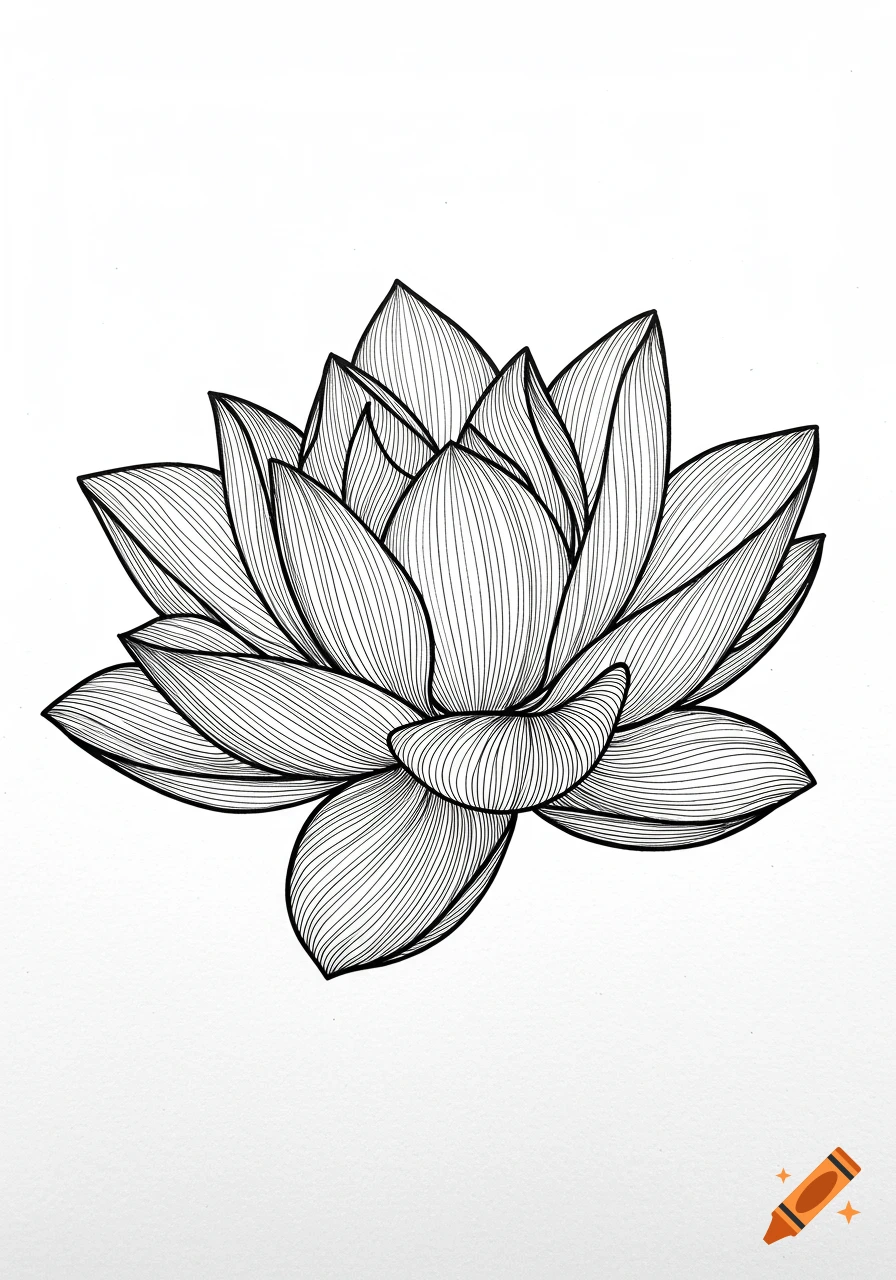 A black and white line drawing of a lotus blossom viewed from the side, with intricate lines filling the petals.