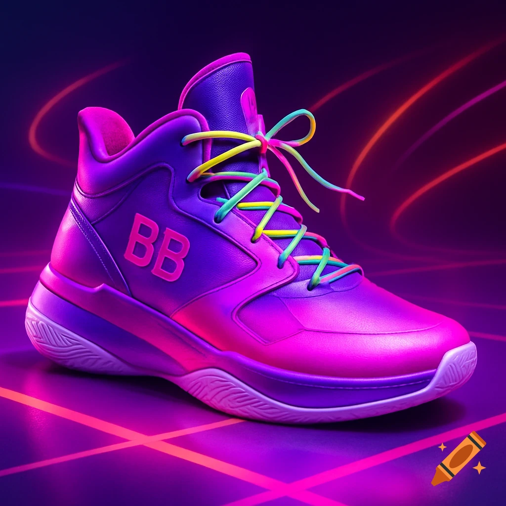 Vibrant purple and pink basketball shoe with neon laces and 'BB' logo, on a dark background with glowing neon lines.
