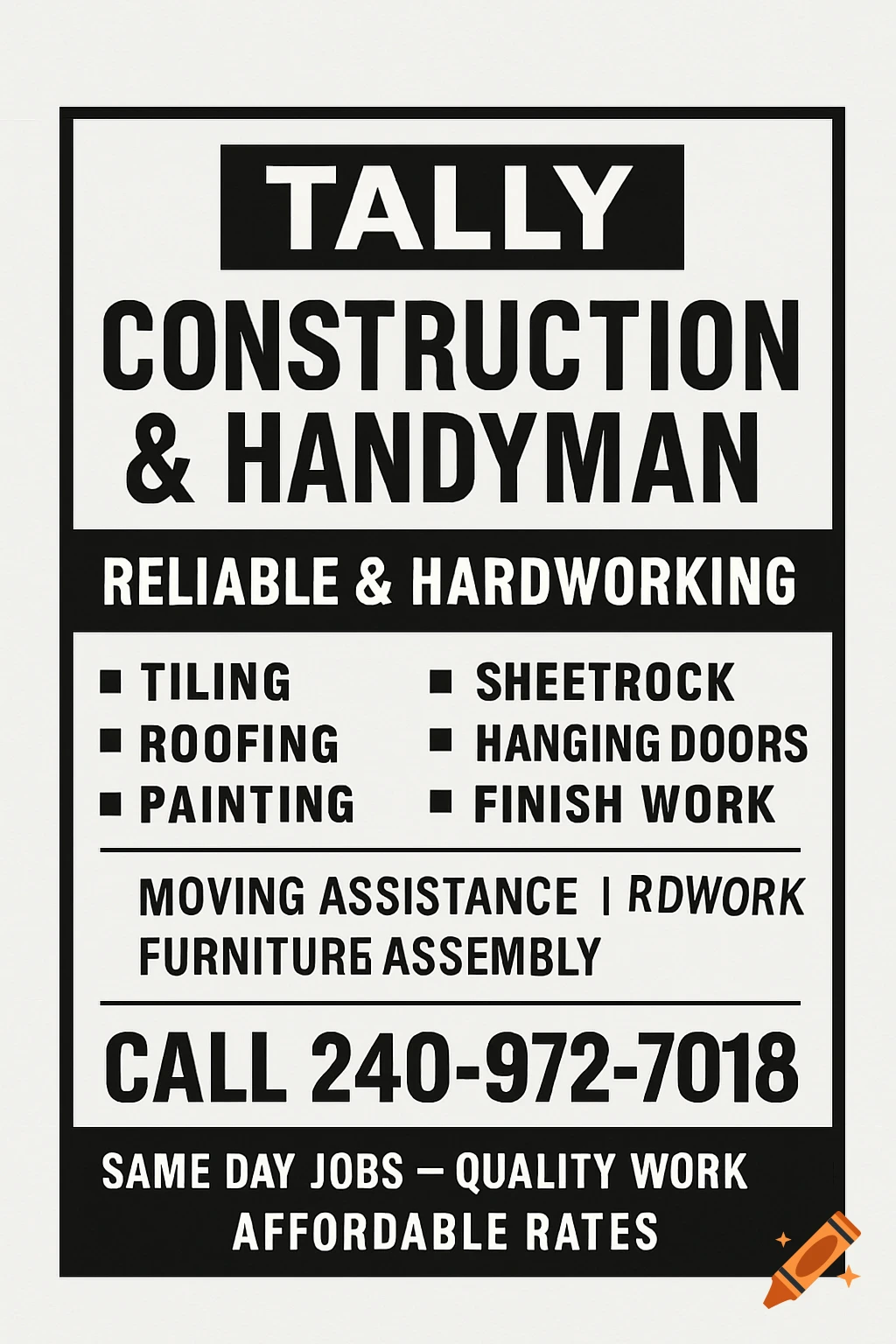 Black and white flyer for Tally Construction & Handyman services, listing skills like tiling, roofing, and painting, with a phone number.