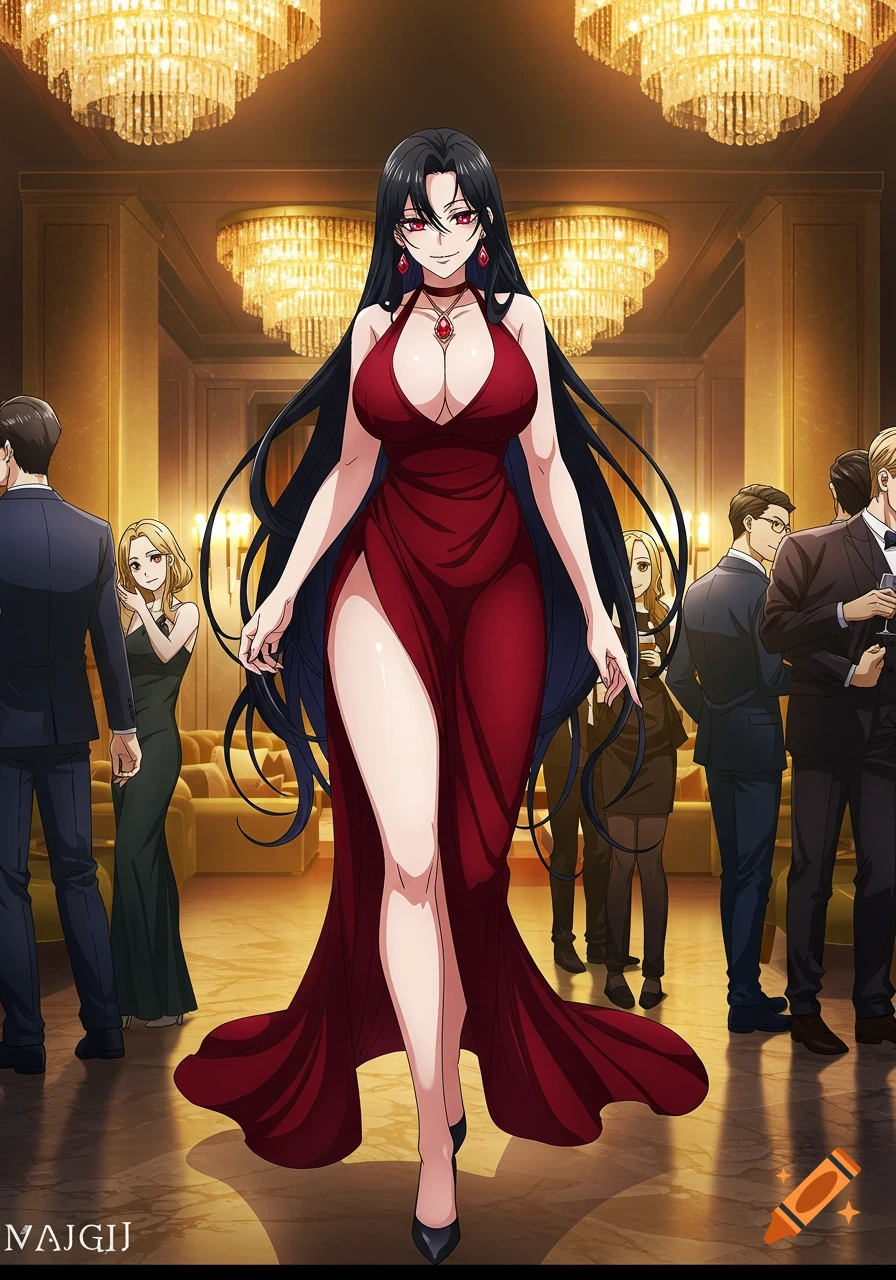 Anime woman with long black hair and red eyes, wearing a red, low-cut, high-slit dress, walking confidently through a lavish party hall.
