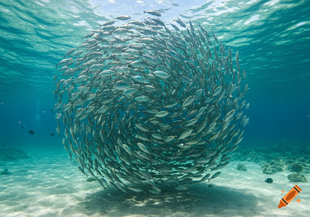 A massive school of silver fish forms a swirling bait ball in clear blue ocean water above a sandy seafloor.