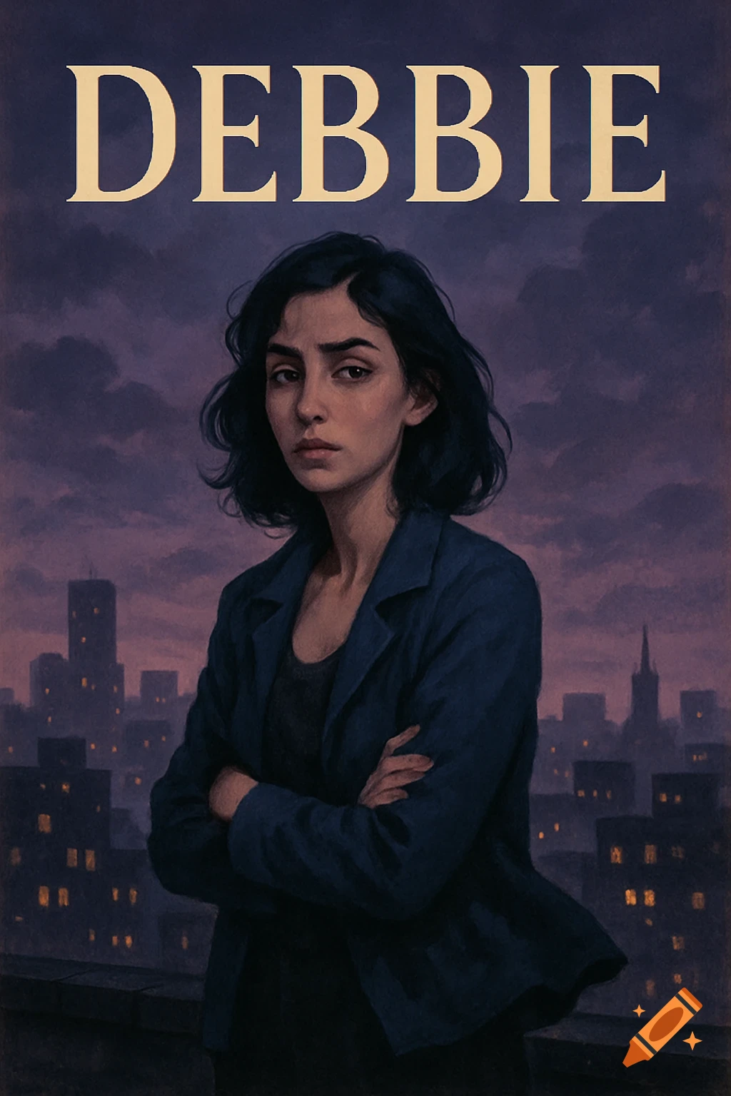 An illustrated book cover titled 'DEBBIE' shows a dark-haired woman in a jacket, arms crossed, standing before a purple twilight cityscape.