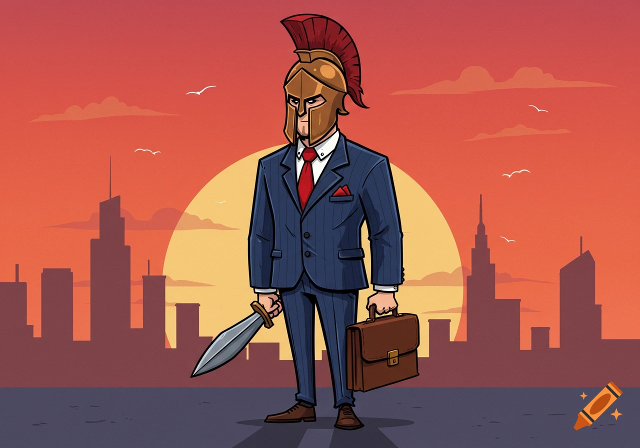 Cartoon of a Spartan warrior in a business suit holding a sword and a briefcase, standing before a city skyline at sunset.