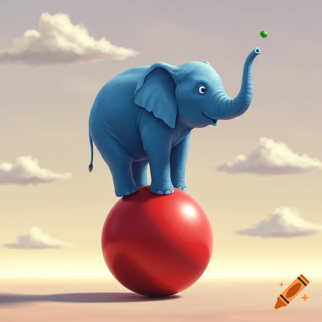 A blue cartoon elephant balances on a large red ball, holding a small green dot on its raised trunk under a cloudy sky. Digital art.