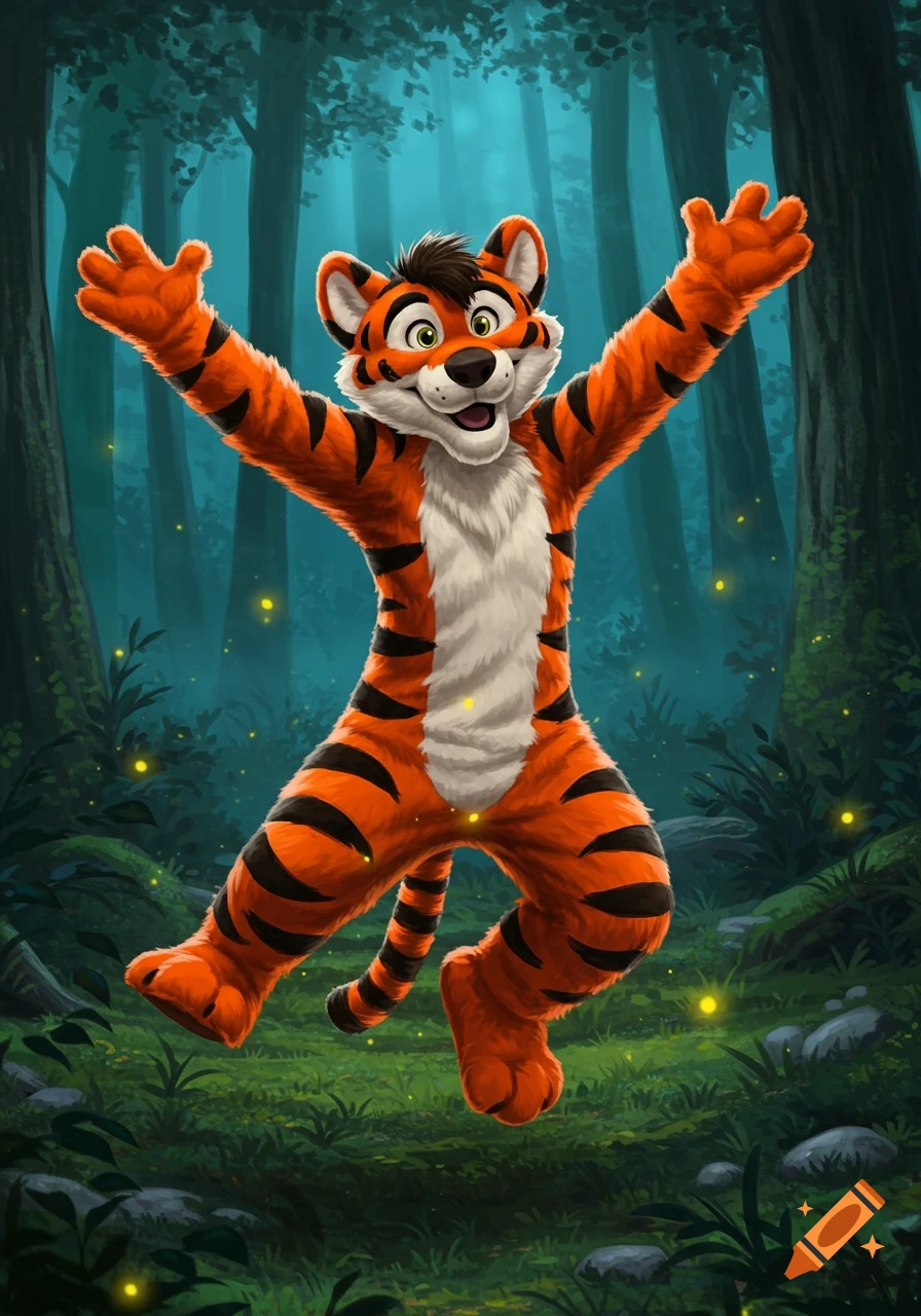 A happy, cartoonish furry tiger character with orange and black stripes jumps in a mystical forest with glowing fireflies.