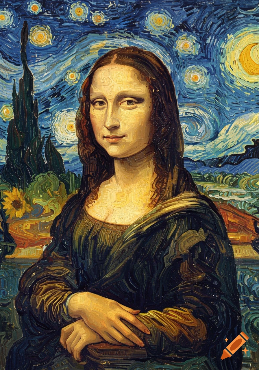 A portrait of Mona Lisa painted in the swirling, impasto style of Vincent van Gogh's "Starry Night".