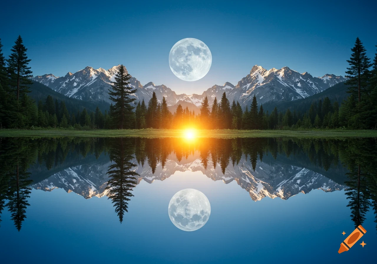 A surreal landscape with a full moon, snow-capped mountains, and a bright sun-like glow perfectly reflected in a still lake.