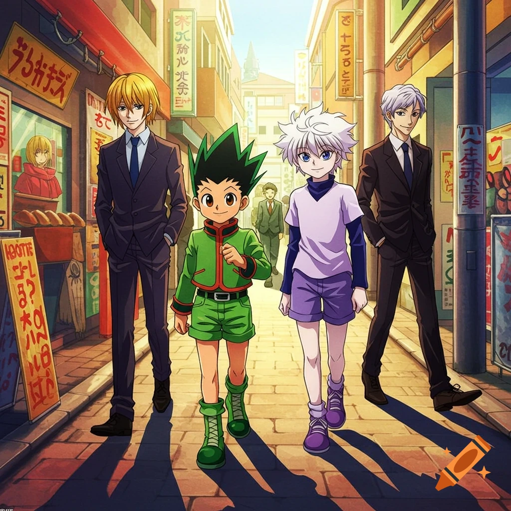 Gon, Killua, Kurapika, and Leorio from Hunter x Hunter walk down a bright anime city street.