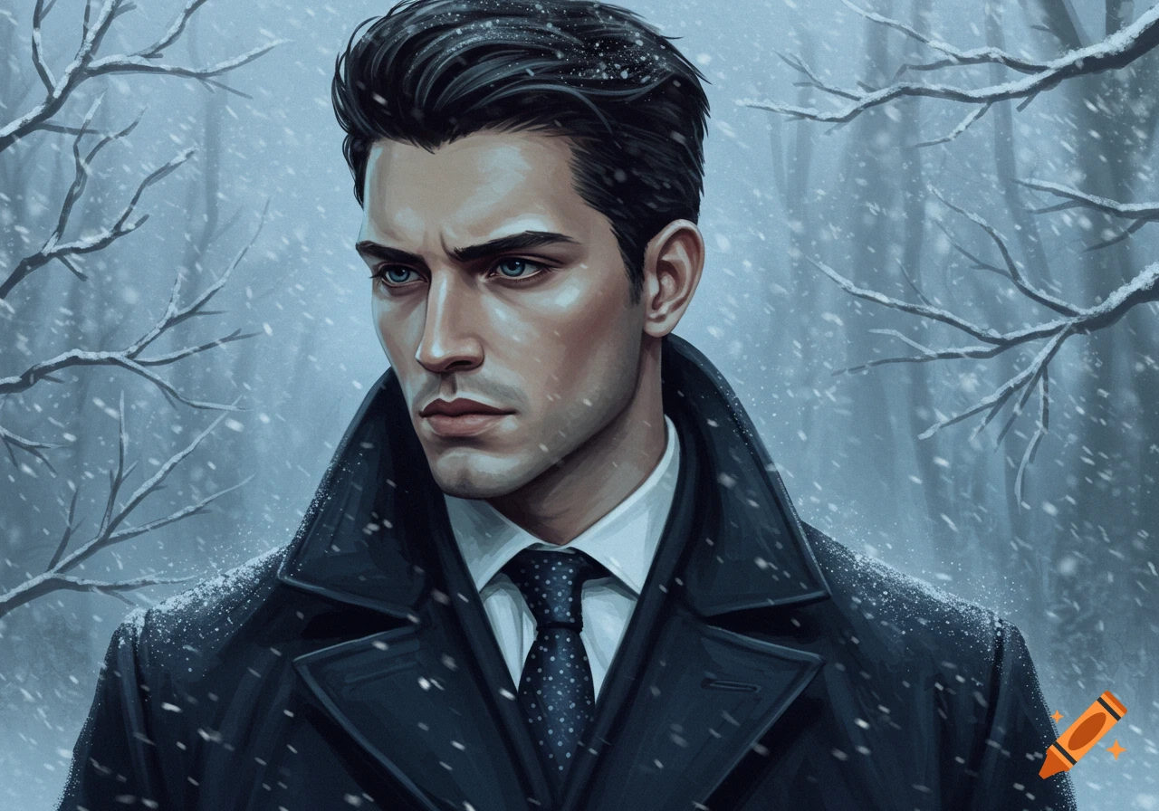 A handsome man with dark hair in a black coat and tie stands in a snowy forest, in a painted art style.