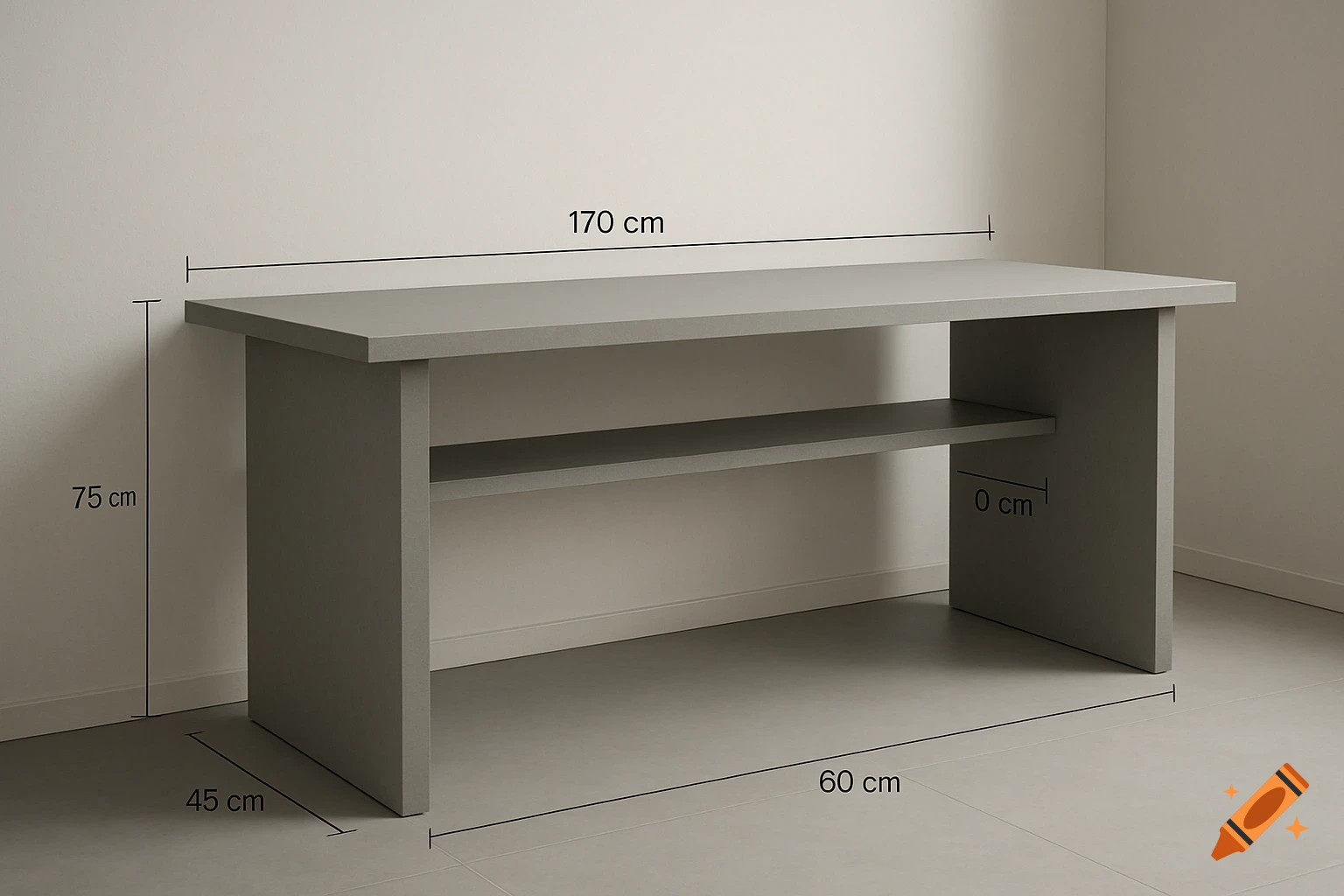 Photorealistic grey minimalist table with a shelf, shown with dimensions of 170cm length, 75cm height, 60cm width, and 45cm depth.