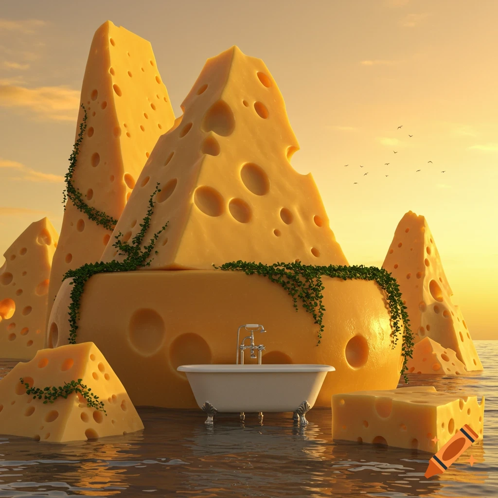 Giant Swiss cheese islands with climbing vines in calm water at sunset, featuring a freestanding bathtub in the foreground.