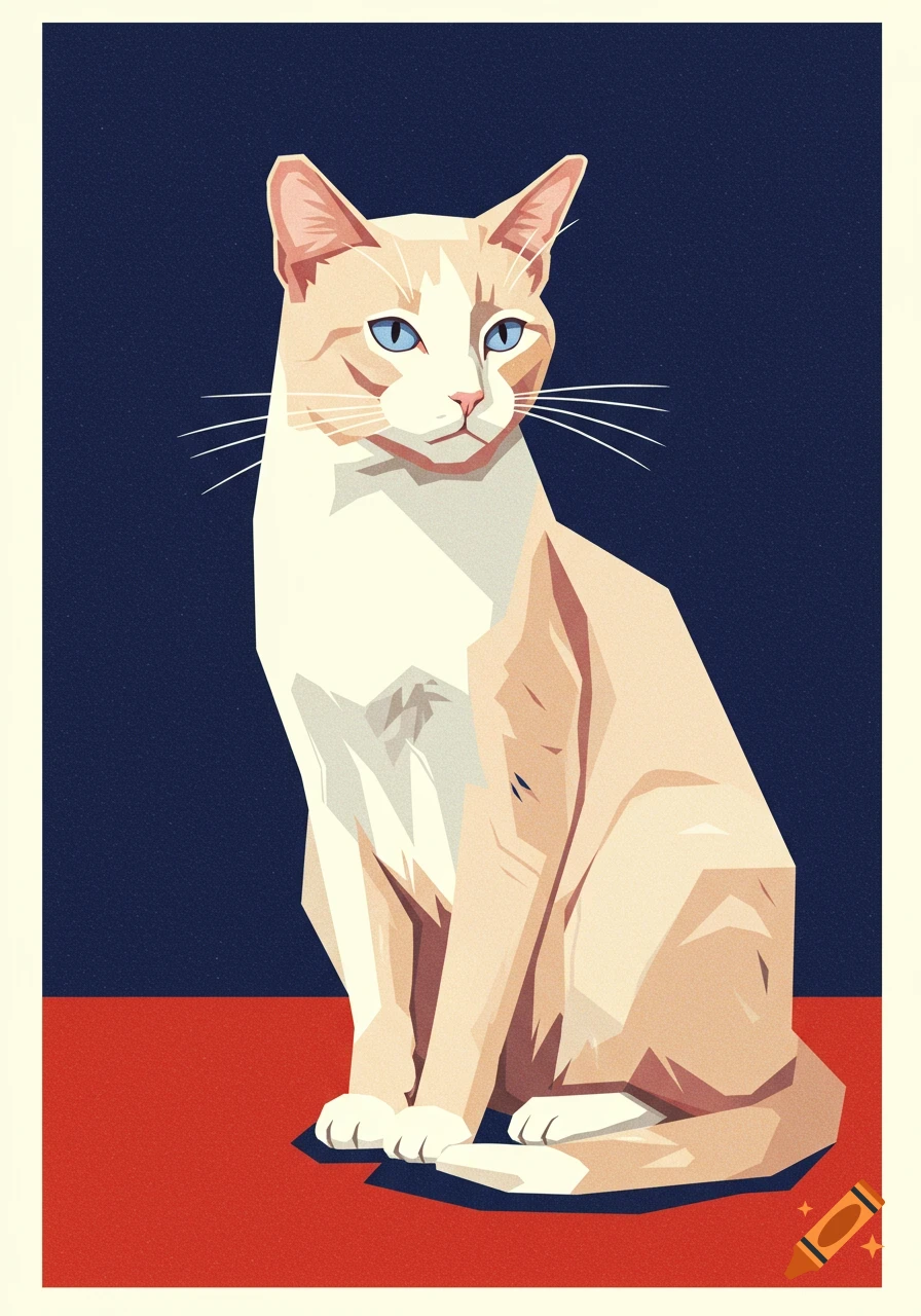 A cream and white cat with blue eyes sits, looking right, in a flat, graphic Risograph style with a dark blue background and red foreground.