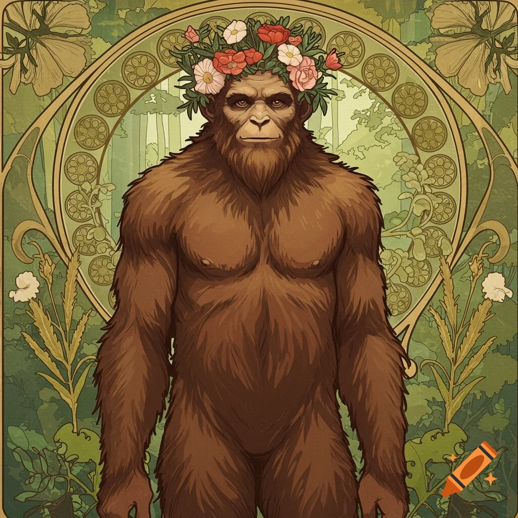 A brown, furry Sasquatch wearing a colorful flower crown, rendered in a detailed Art Nouveau style against a green, patterned forest background.
