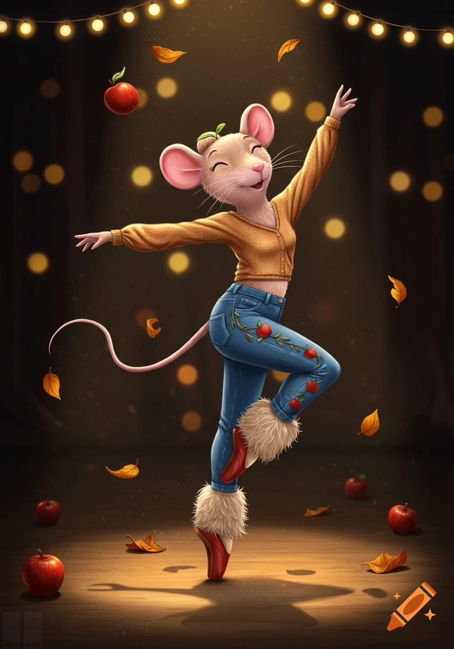 A cartoon mouse ballerina in a yellow top and apple-embroidered jeans dances on a stage with autumn leaves and apples, under string lights.