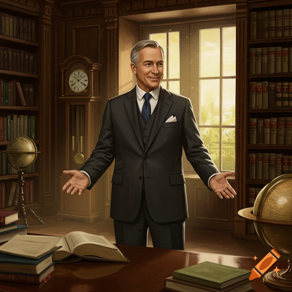 A distinguished man in a dark suit with graying hair stands in a classic wood-paneled library, smiling with open hands.