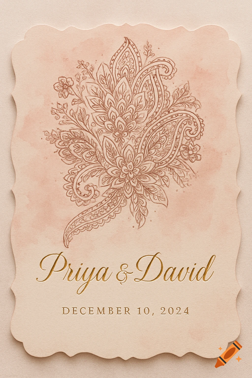Blush pink wedding invitation with intricate brown paisley design, featuring 'Priya & David' and 'December 10, 2024' in gold text.