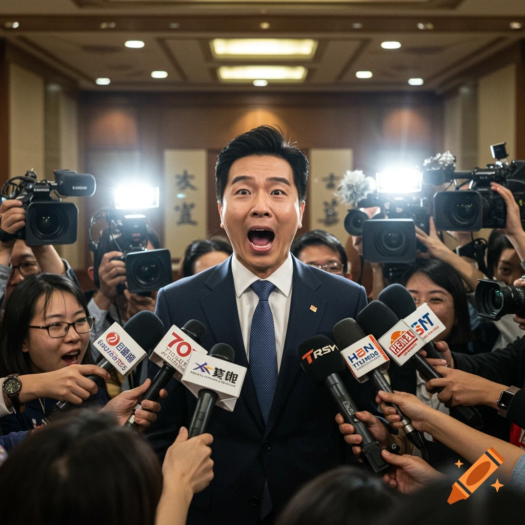 An Asian man in a suit with a surprised or excited expression is surrounded by a crowd of reporters holding microphones and cameras with flashing lights at a press conference.