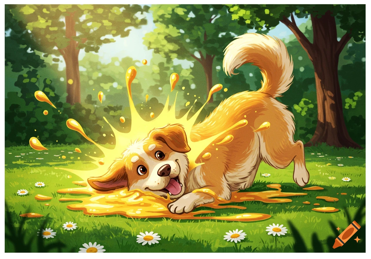 A happy cartoon dog splashes playfully in a puddle of yellow mustard on a grassy field with daisies and trees.