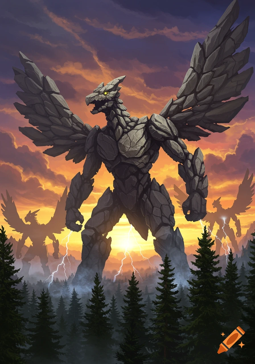 Gigantic winged rock monsters, resembling pterodactyls, stand in a misty forest with lightning at sunset.