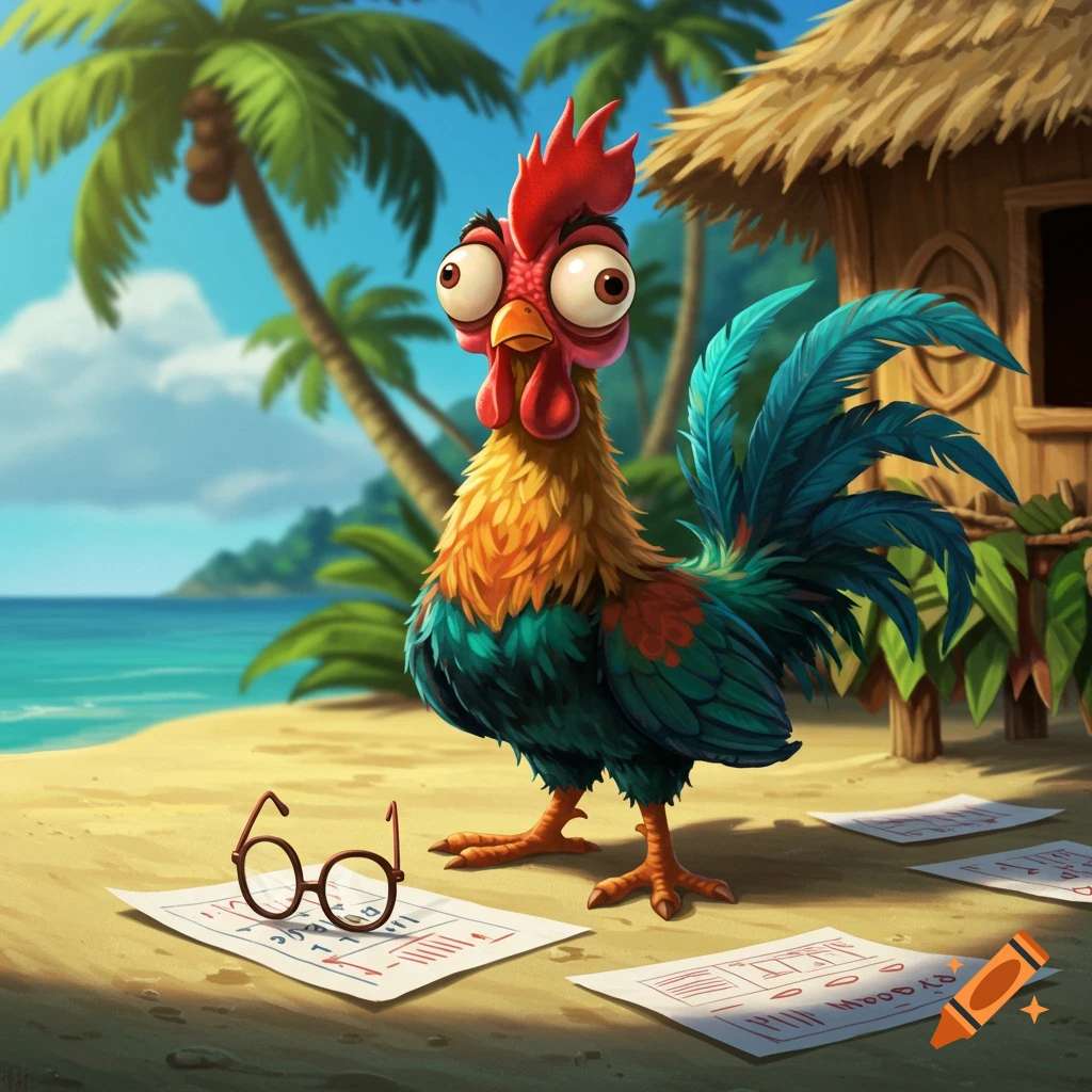 A cartoon rooster with wide, bulging eyes stands on a sandy beach with palm trees and a hut, looking at papers and glasses on the sand.