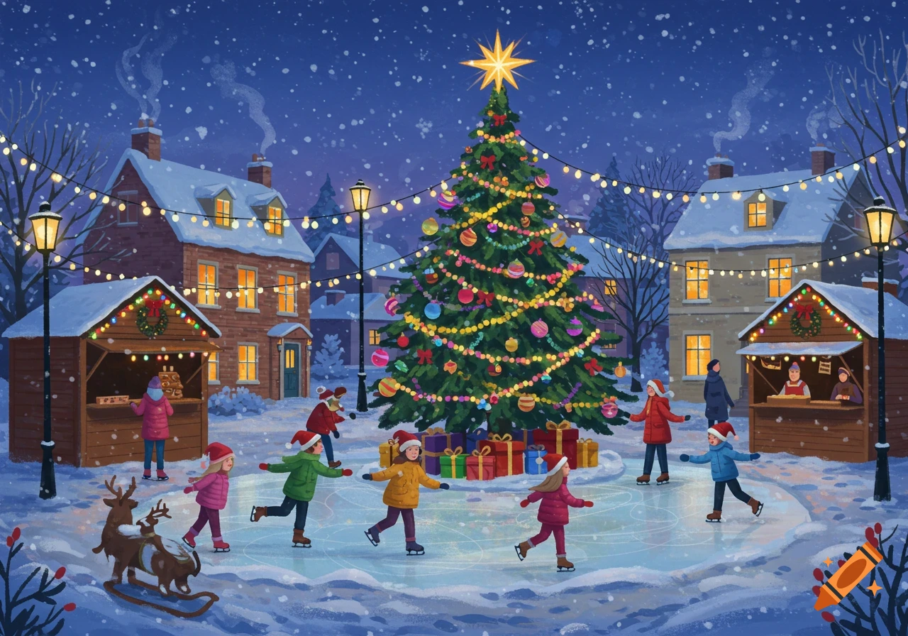 An illustration of a festive winter village scene with people ice skating around a brightly decorated Christmas tree, market stalls, and snowy houses.