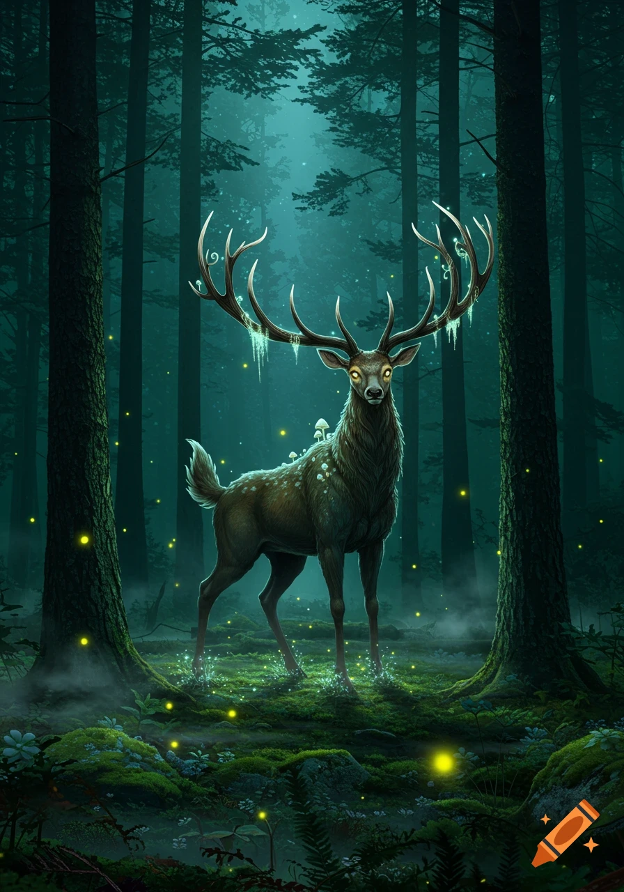 A majestic, glowing-eyed deer-like creature with elaborate antlers stands in a mystical, glowing dark forest.