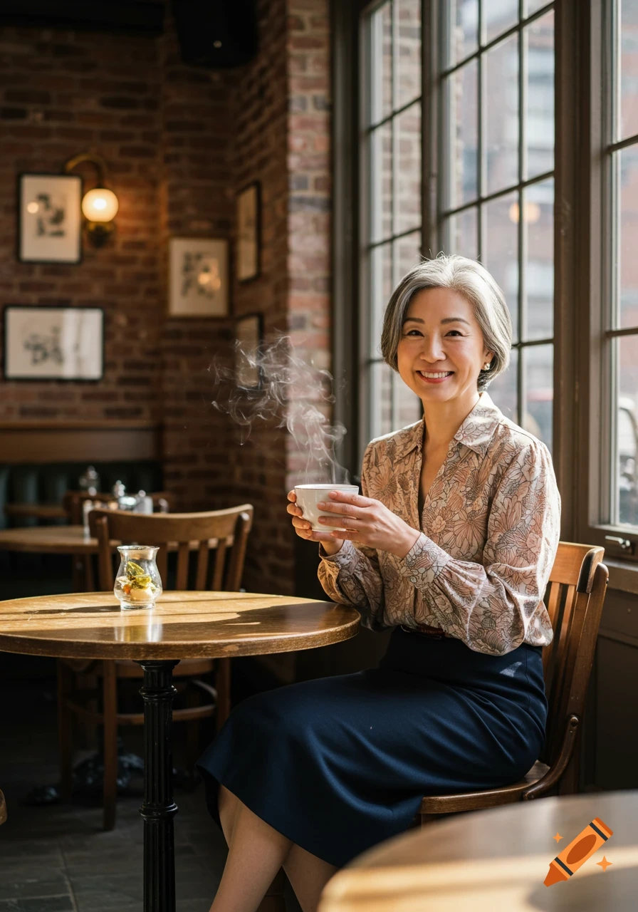 A smiling middle-aged Asian woman holds a steaming cup of coffee at a wooden table in a cozy cafe.