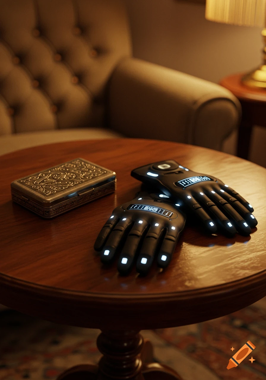 Two black futuristic gloves with glowing white sensors and a decorative silver cigarette case on a polished wooden table.